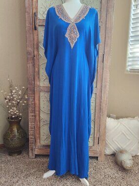 Moroccan Kaftan in Royal Blue w/Opal Crystals and Rose Gold Embroidery